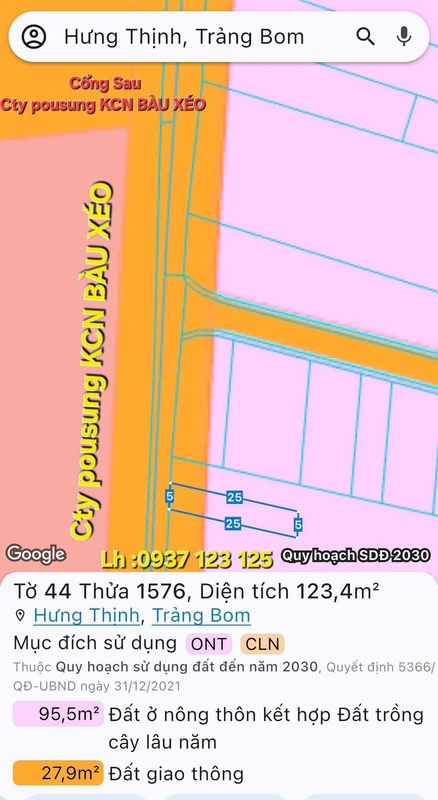 Bán đất thổ cư mặt tiền 123m2 (5x25) cổng sau Cty Pousung, Hưng Thịnh, Đồng Nai