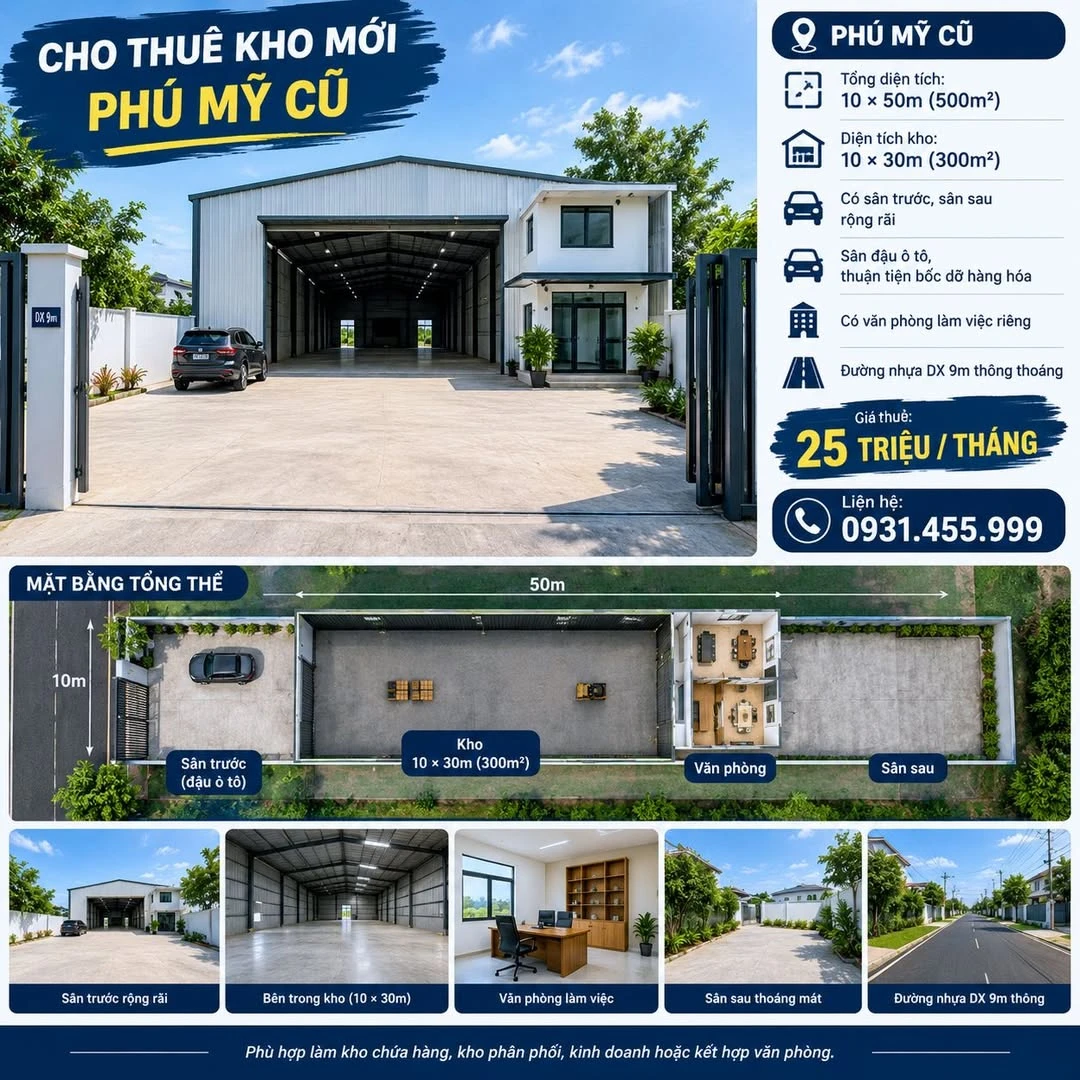 Cho thuê kho 500m² Phú Mỹ, Bình Dương - 25 triệu/tháng - Ảnh 1