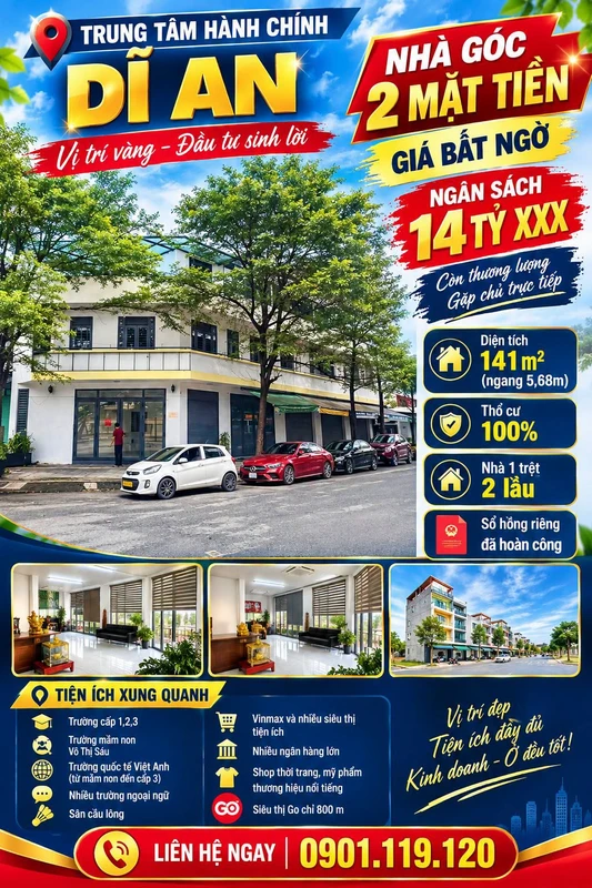 Bán nhà góc 2 mặt tiền 141m² 1 trệt 2 lầu gần Trung tâm Hành chính Dĩ An, Bình Dương