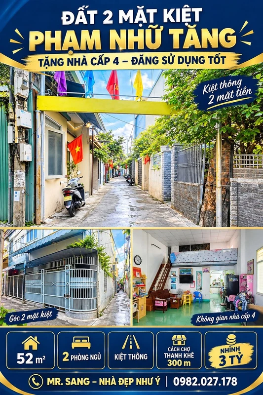 Bán đất 52m² kiệt 2 mặt tặng nhà cấp 4 Thanh Khê