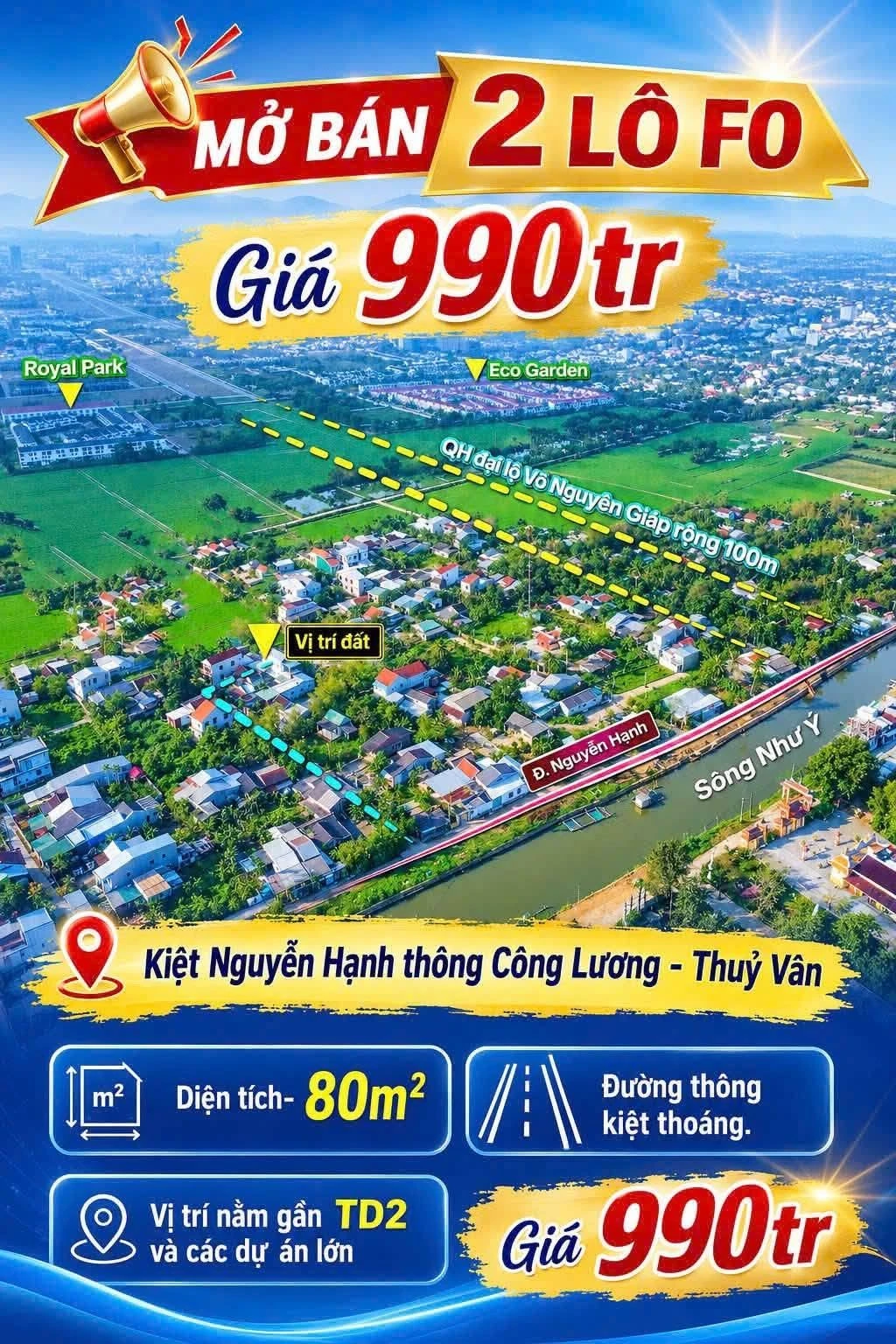 Bán đất 80–85m² giá 990 triệu/lô tại kiệt 8 Công Lương, phường Vỹ Dạ, Huế - Ảnh 1