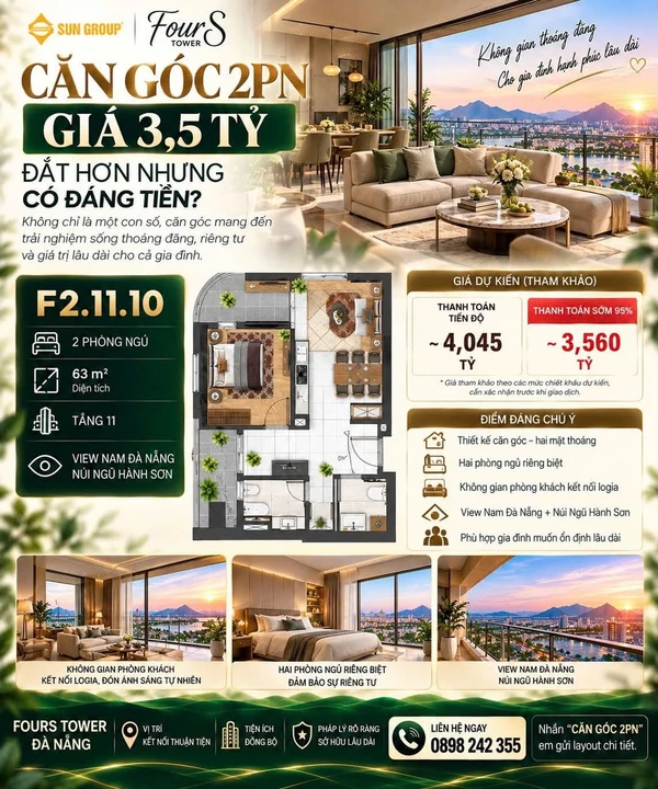 Bán căn hộ góc 2PN 63m² FourS Tower tầng 11, view Ngũ Hành Sơn, Đà Nẵng