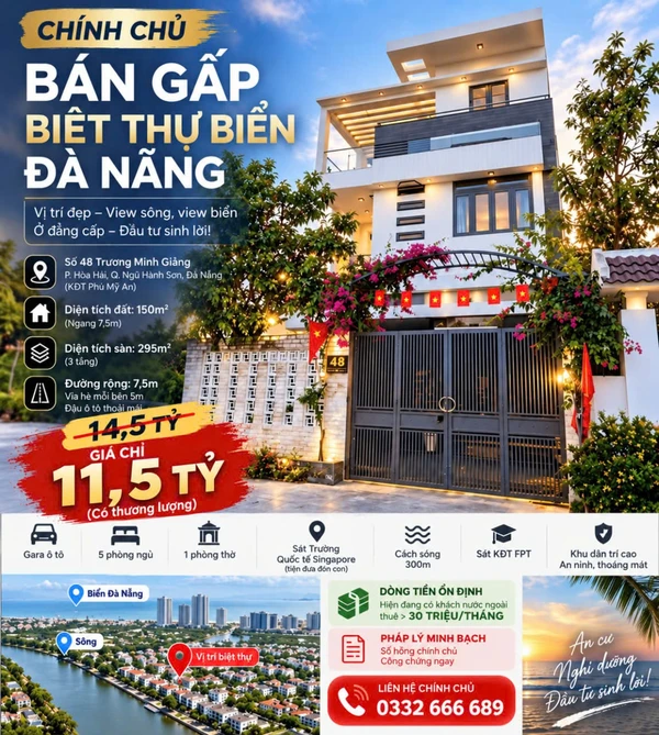 Bán biệt thự biển Đà Nẵng 295m² 5PN 11,5 tỷ, cho thuê 30tr/tháng