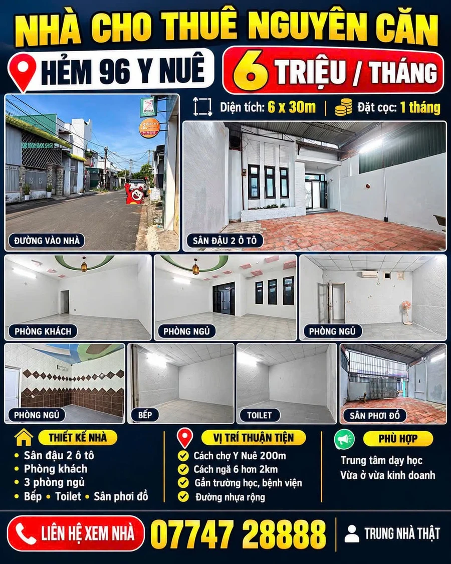 Cho thuê nhà nguyên căn hẻm Y Nước, 3PN, 180m², 6 triệu/tháng - Ảnh 1