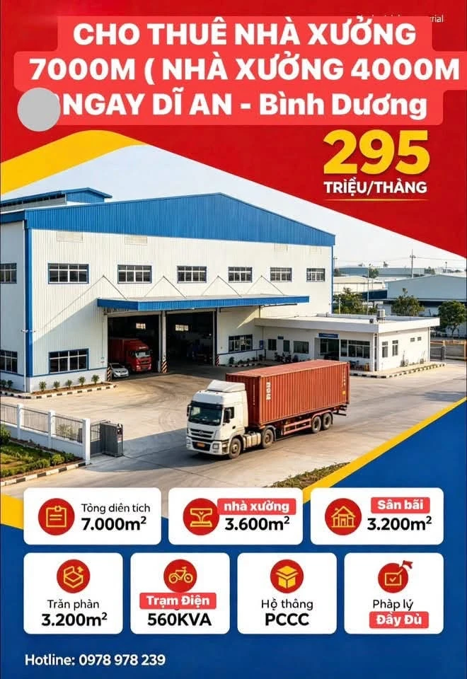 Cho thuê nhà xưởng 7.000m² giá 295 triệu/tháng tại KP Tân Thắng, Tân Bình, Dĩ An - Ảnh 1