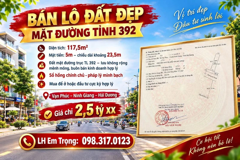 Bán lô đất 117,5m² mặt tiền TL392 Vạn Phúc, Ninh Giang