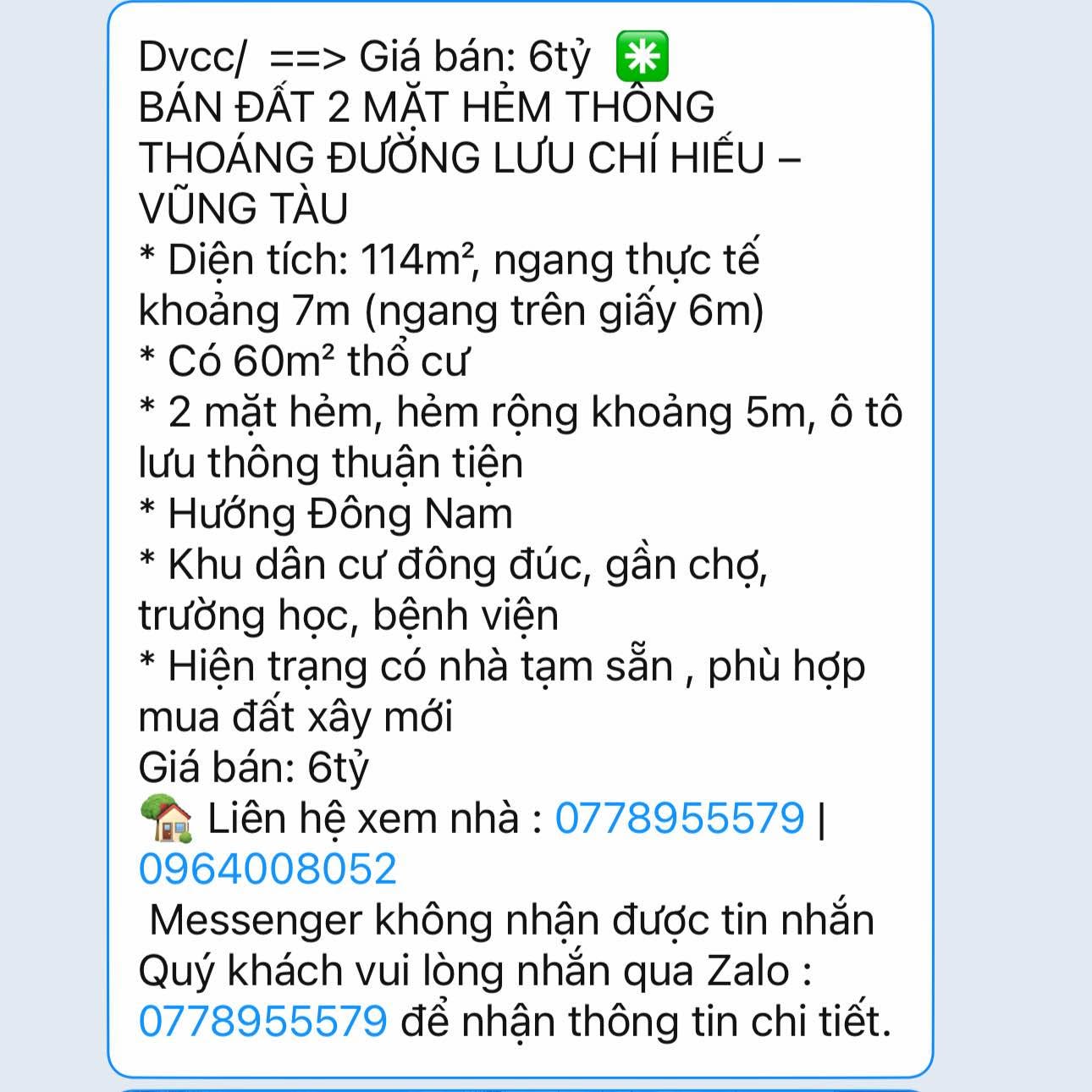 Bán đất 2 mặt hẻm 114m² Lưu Chí Hiếu Vũng Tàu 6 tỷ