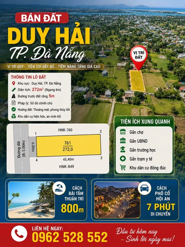 Bán đất trồng cây 272m2 gần biển Nam Hội An, Đà Nẵng