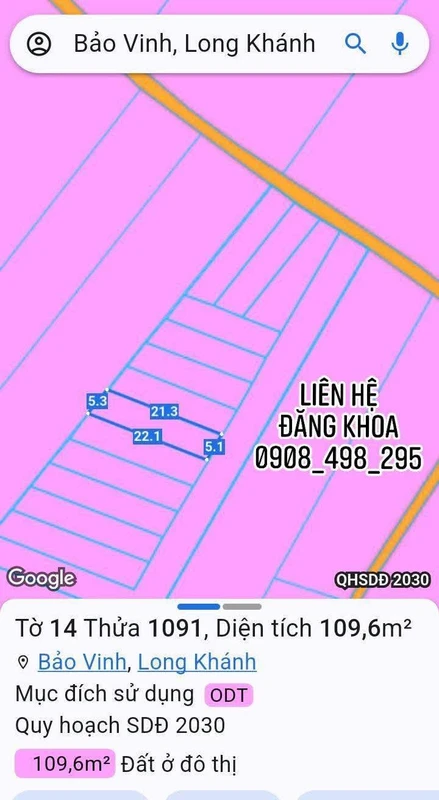 Bán đất thổ cư 109m² đường Hàm Nghi, Long Khánh 620 triệu