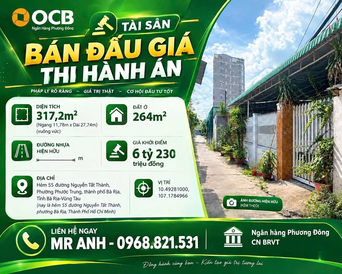 Bán đất 317m² Hẻm 55 Nguyễn Tất Thành, Bà Rịa – Vũng Tàu, giá 6 tỷ 230 triệu - Ảnh 1