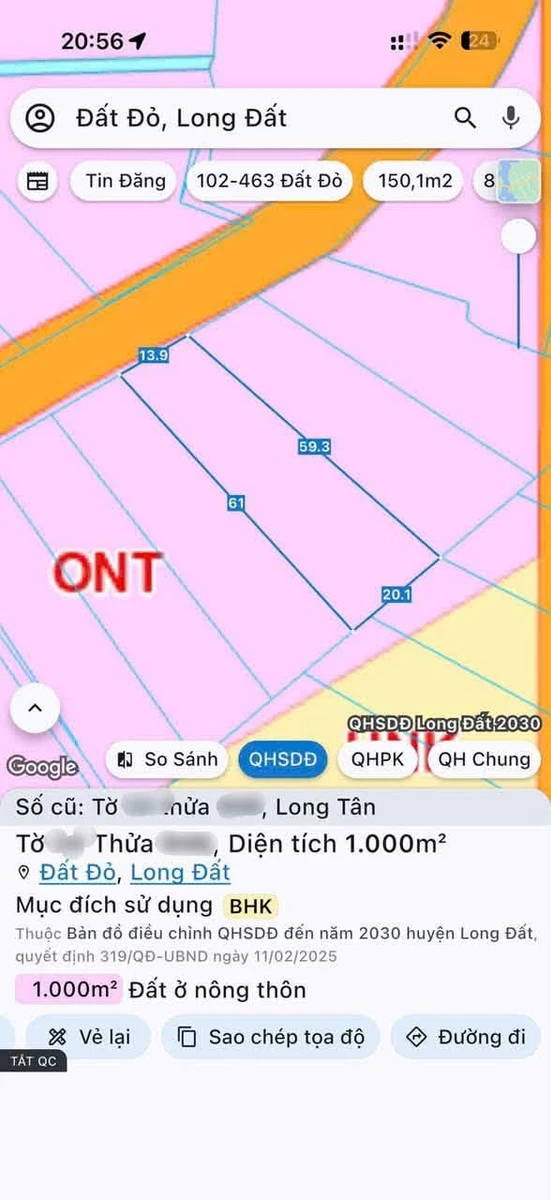 Bán đất 1000m2 mặt tiền Long Tân, Đất Đỏ - 1 tỷ 7 - Ảnh 1