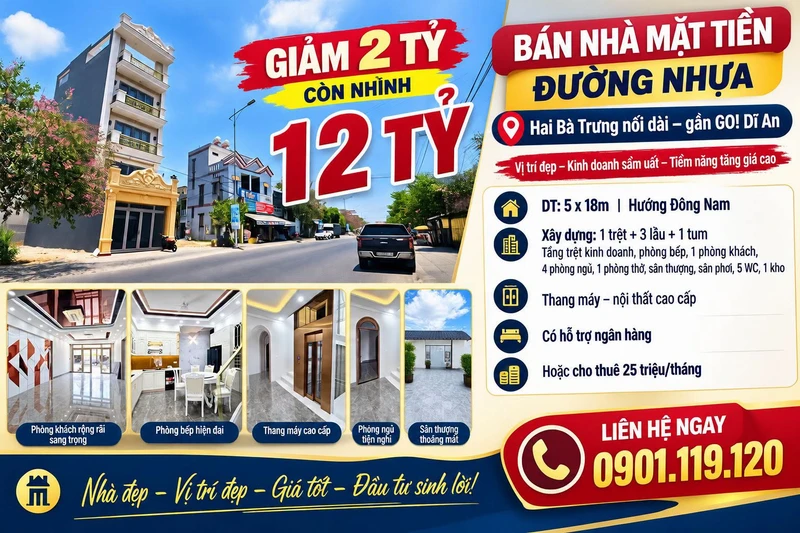 Bán nhà mặt tiền Hai Bà Trưng nối dài, Dĩ An, 5x18m, 1 trệt 3 lầu, 12,8 tỷ