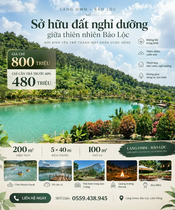 Bán đất full thổ cư 170m² Làng OMM Bảo Lộc 1.417 tỷ
