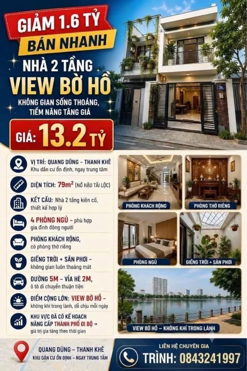 Bán nhà 2 tầng 79m2 view bờ hồ Quang Dũng, Thanh Khê - Ảnh 1