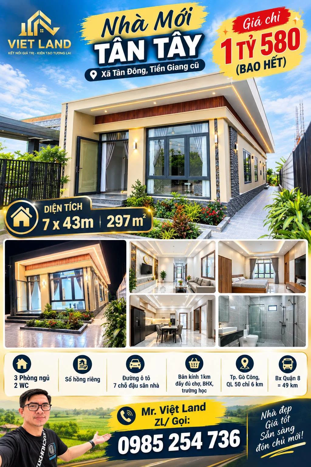 Bán nhà 3PN, 297m² sân vườn, sổ hồng riêng tại Tân Tây, Gò Công Đông, Tiền Giang - Ảnh 1