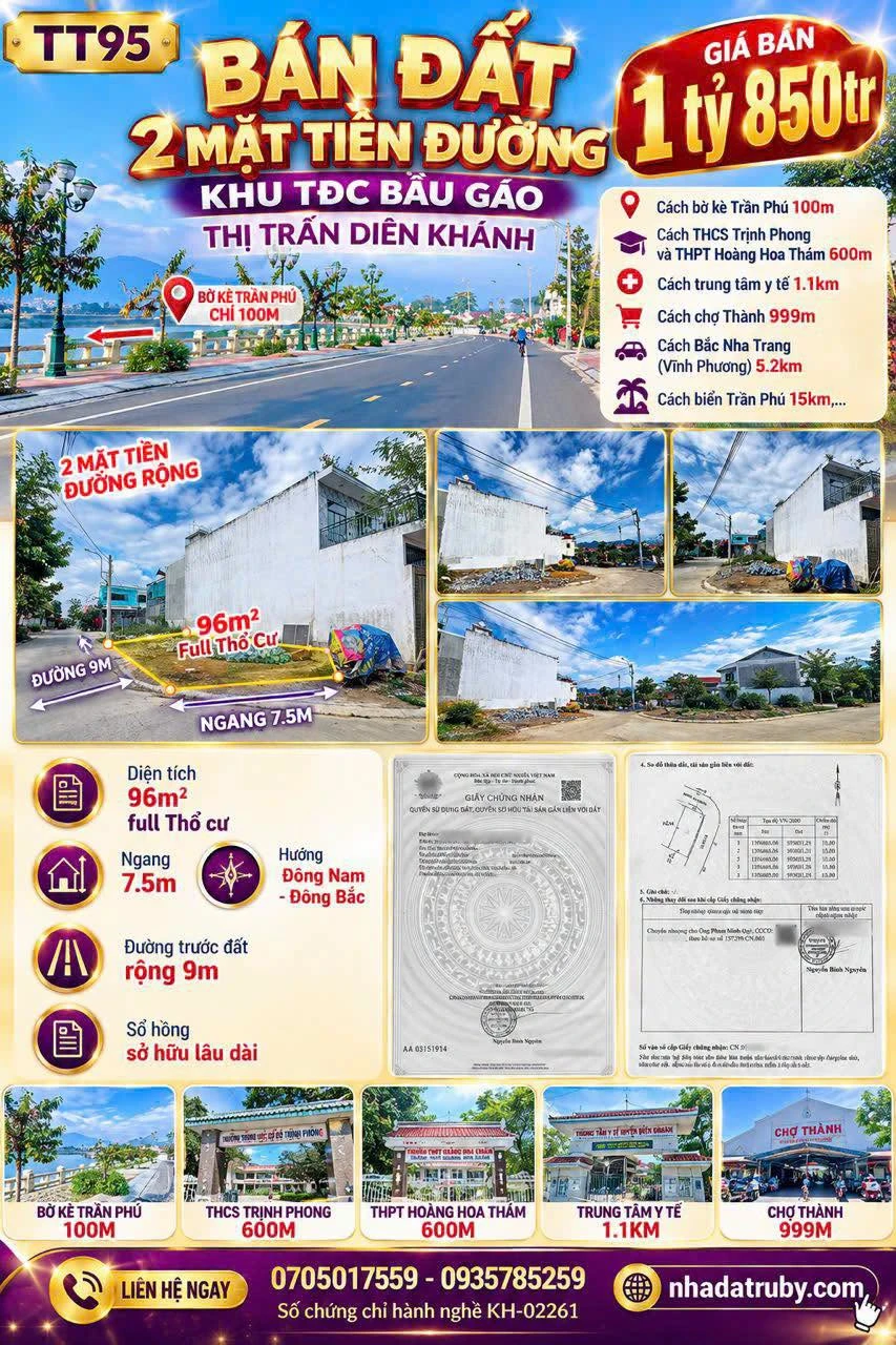 Bán đất 2 mặt tiền 96m2 Bầu Gáo Diên Khánh 1 tỷ 850 triệu - Ảnh 1