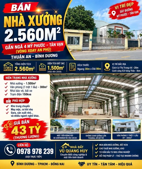 Bán nhà xưởng 2.560m² Thuận An Bình Dương 43 tỷ