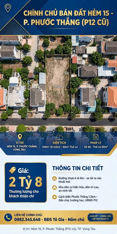 Bán lô đất 109m² Hẻm 15 Phước Thắng Vũng Tàu, giá 2 tỷ 8