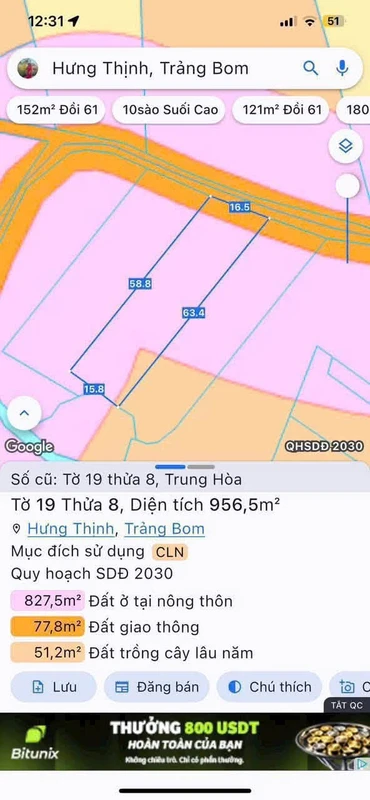 Bán đất 956m2 mặt tiền đường nhựa Xã Hưng Thịnh Đồng Nai 1,7 tỷ