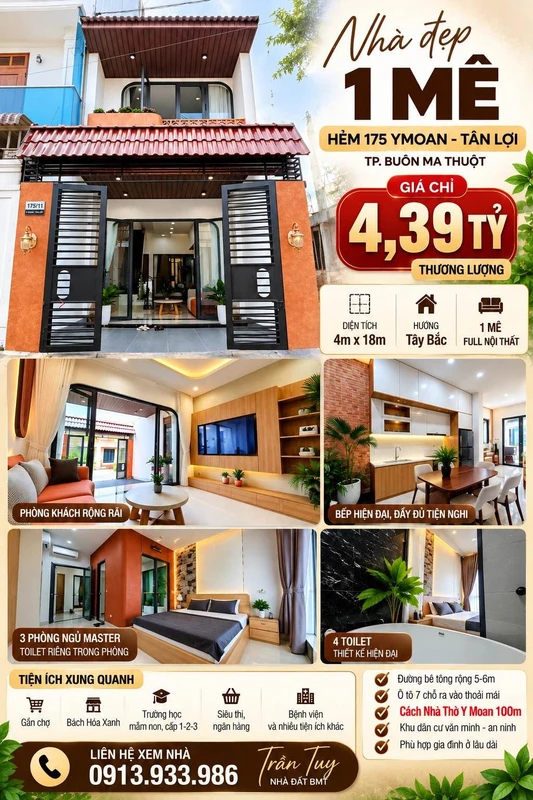 Bán nhà hẻm 175 Y Moan, 4x18m, 3 phòng ngủ full nội thất, Tân Lợi, Buôn Ma Thuột