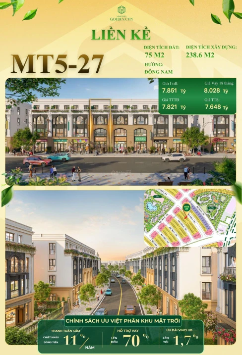 Bán liền kề MT5-27 Vinhomes Golden City, 75m2, hướng Đông Nam, giá 7,648 tỷ (Áp VC chỉ 6,6 tỉ) - Ảnh thu nhỏ 2