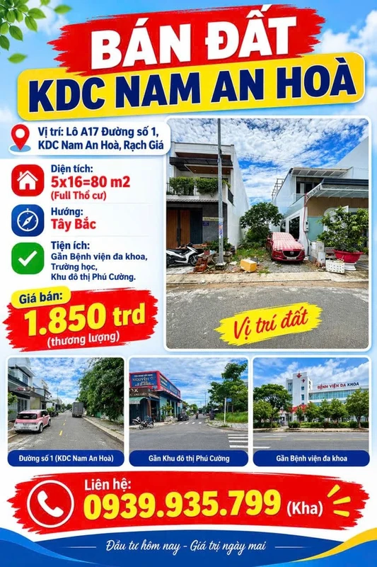 Bán đất 80m2 thổ cư KDC Nam An Hoà, Rạch Giá, giá 1,85 tỷ