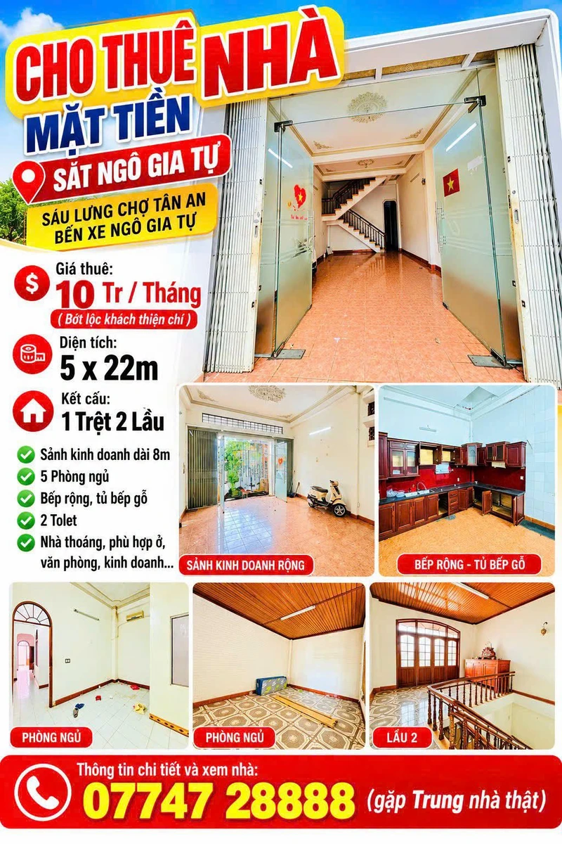 Cho thuê nhà mặt tiền 5x22m, 5PN, 2WC, Ngô Gia Tự - Ảnh 1