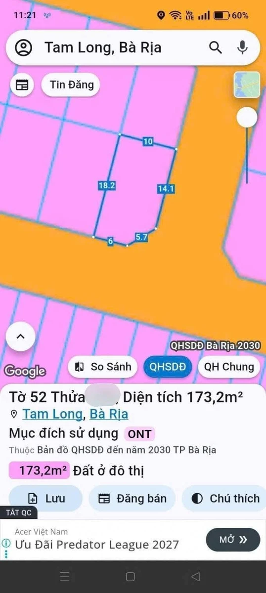 Bán đất biệt thự góc 2 mặt tiền Phường Tam Long 182m² 1,8 tỷ - Ảnh 1