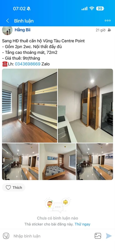 Cho thuê căn hộ 2PN Vũng Tàu Centre Point 72m2, 9 triệu/tháng