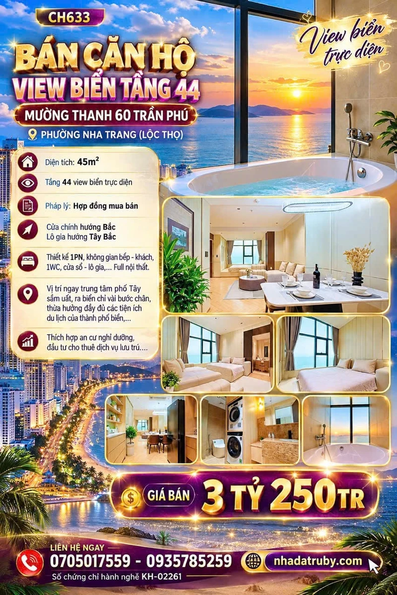 Bán căn hộ studio view biển tầng 44 Mường Thanh 60 Trần Phú, Nha Trang, 45m2, 3,25 tỷ - Ảnh 1