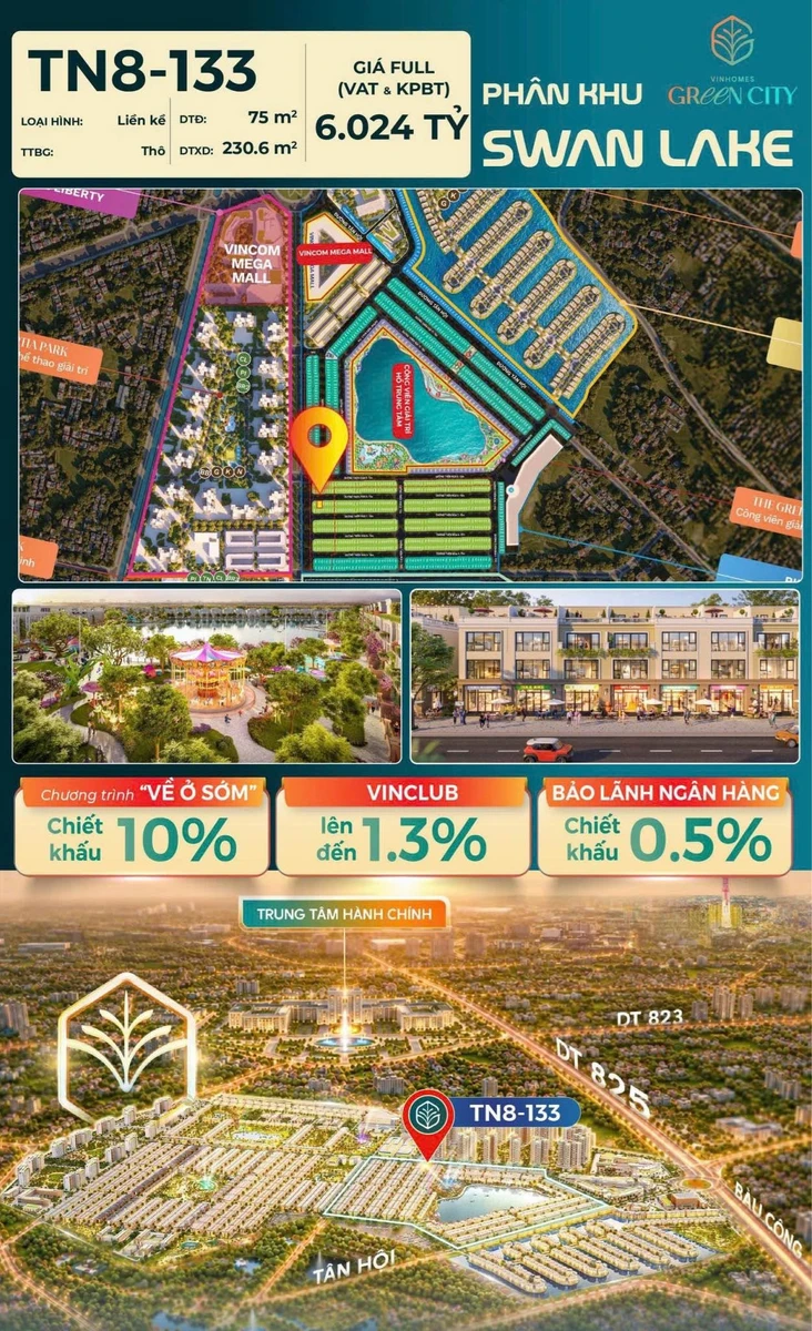 Bán nhà liền kề TN8-133 Swan Lake Vinhomes Green City, đất 75m2, giá 6,024 tỷ - Ảnh 1