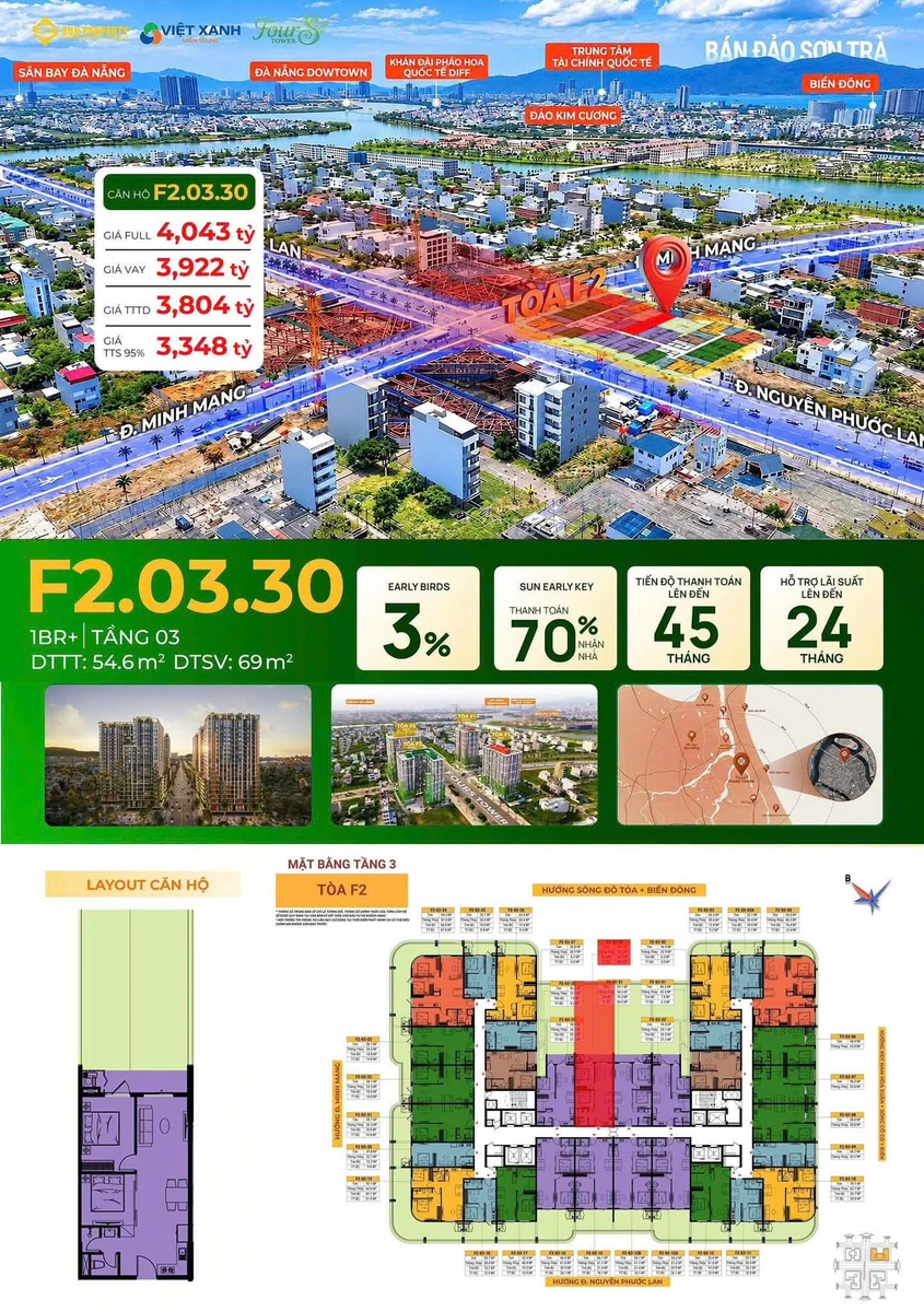 Bán căn hộ sân vườn 1PN+ Fours Tower 54,6m² tầng 3 tại Đà Nẵng - Ảnh 1