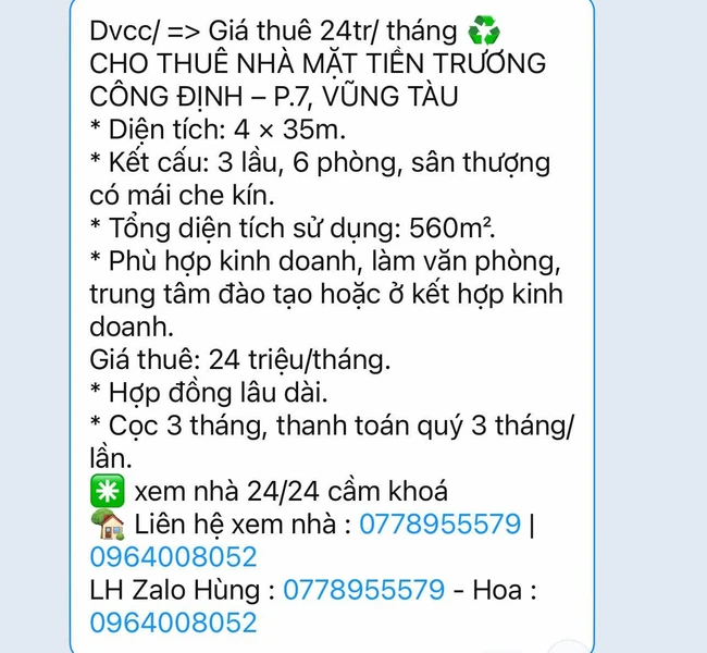 Cho thuê nhà mặt tiền 560m² Vũng Tàu 24 triệu/tháng