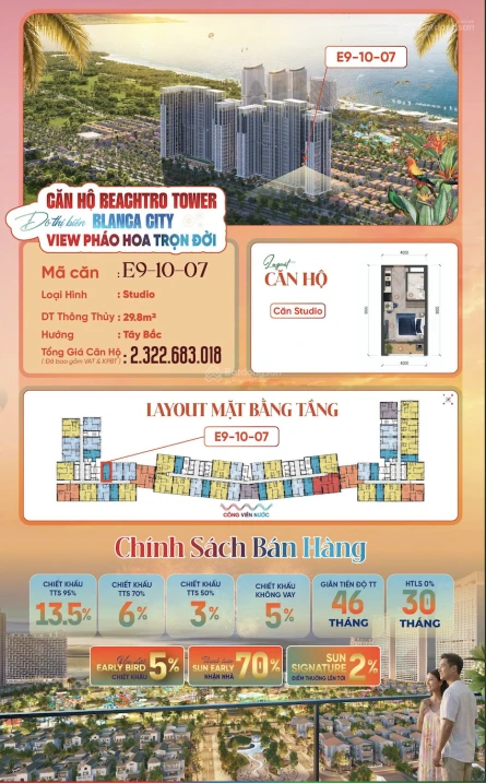 Chỉ 1,8 tỷ sở hữu Studio E91007 Beachtro Tower Blanca City, view hồ bơi và công viên