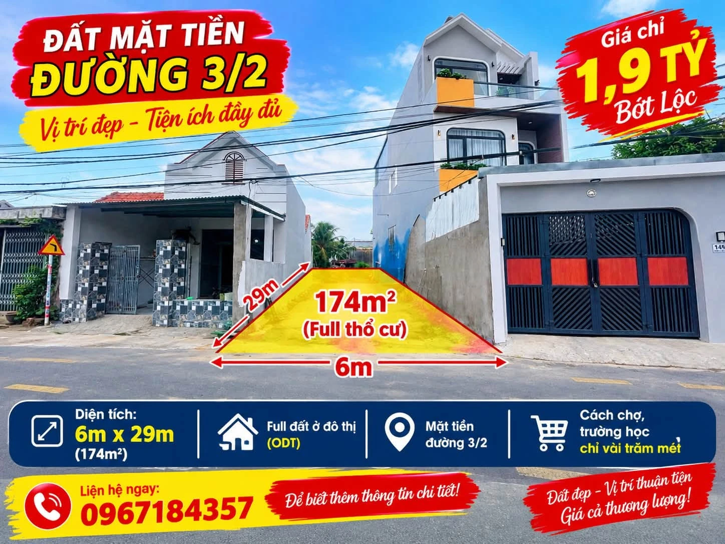 Bán đất mặt tiền đường 3/2, 174m², 1,9 tỷ - Ảnh 1