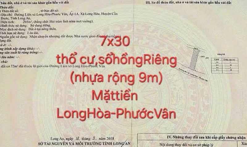 Bán đất thổ cư 210m² mặt tiền đường Liên, Long Hòa, 2,2 tỷ