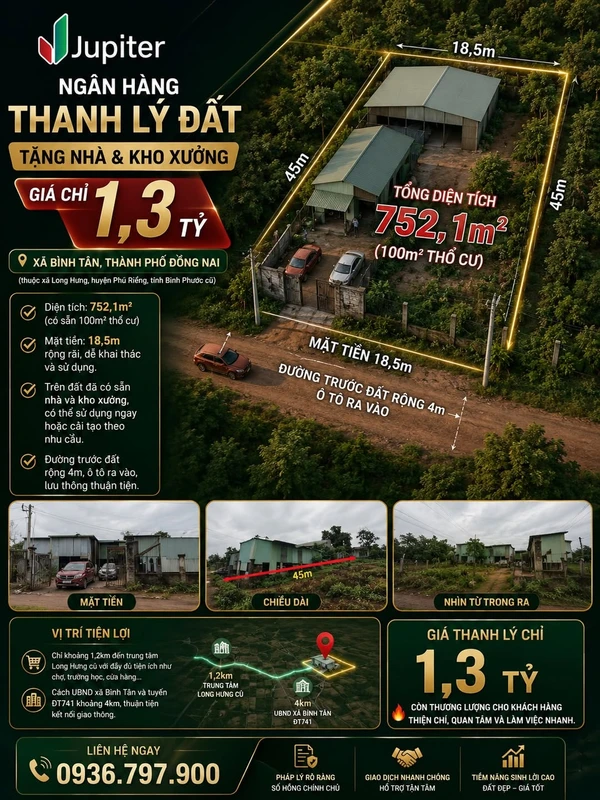 Bán đất 752m² có nhà và kho xưởng ở Bình Phước 1,3 tỷ