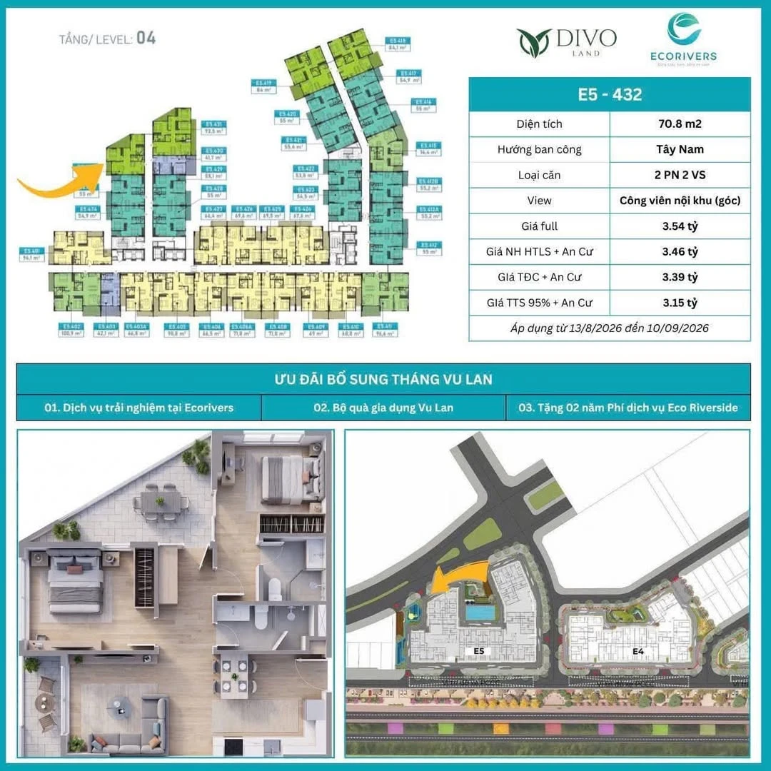 Bán căn hộ 2PN 70,8m² Ecorivers Hải Dương, 3,15 tỷ - Ảnh 1