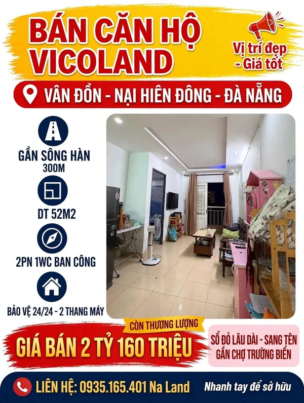 Bán căn chung cư Vicoland Đà Nẵng 52m2 2 tỷ 160