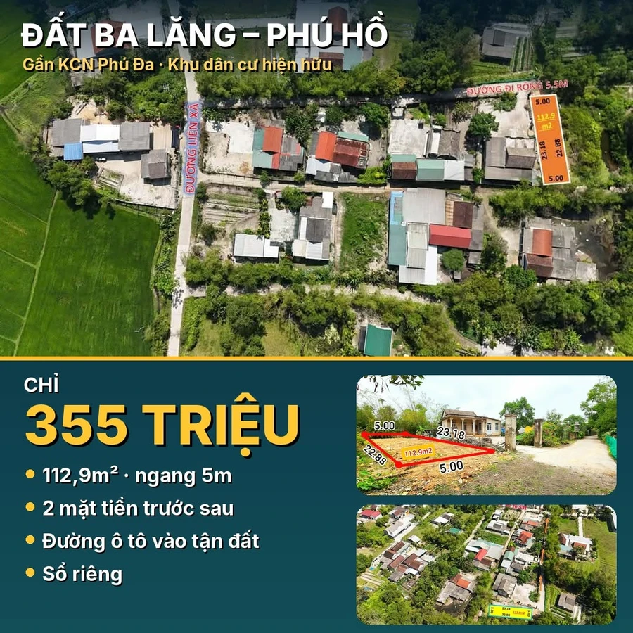 Bán đất Phú Hồ 112.9m² 355 triệu - Ảnh 1