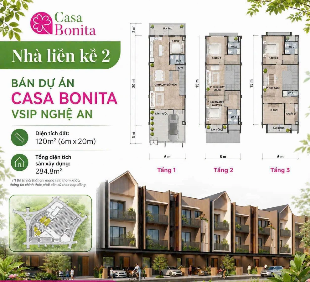 Bán liền kề 3 tầng 120m² view công viên VSIP Nghệ An - Ảnh 1