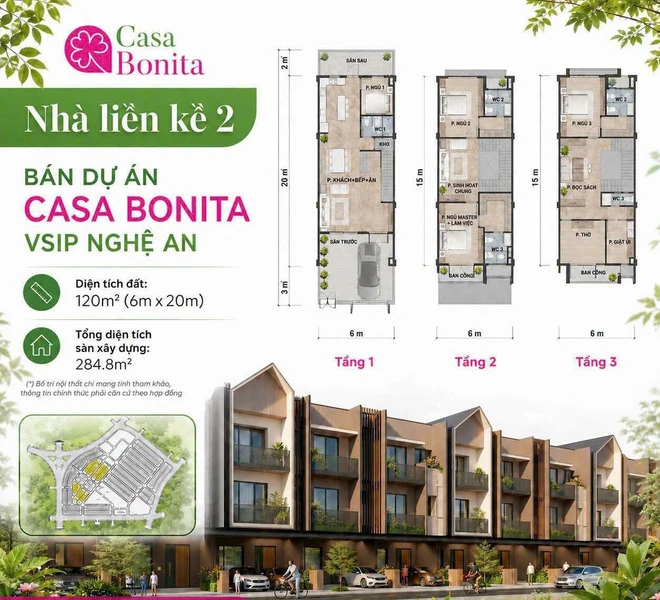 Bán liền kề 3 tầng 120m² view công viên VSIP Nghệ An