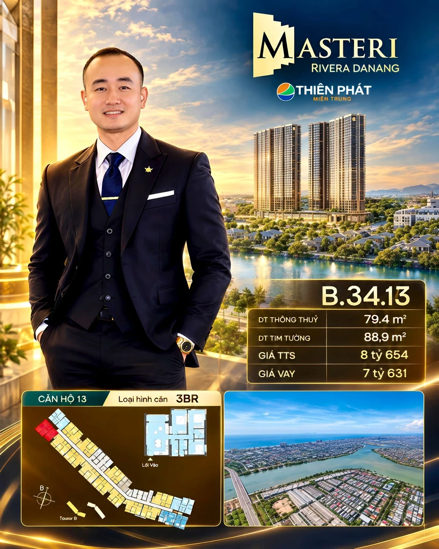 Bán căn hộ 3PN Masteri Rivera Đà Nẵng, 88.9m², view sông - Ảnh 1