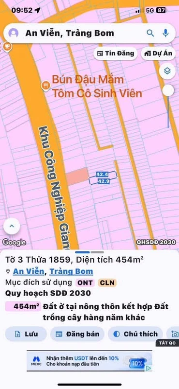 Bán đất 454m2 (100m thổ cư) Xã An Viễn Đồng Nai, 1.9 tỷ