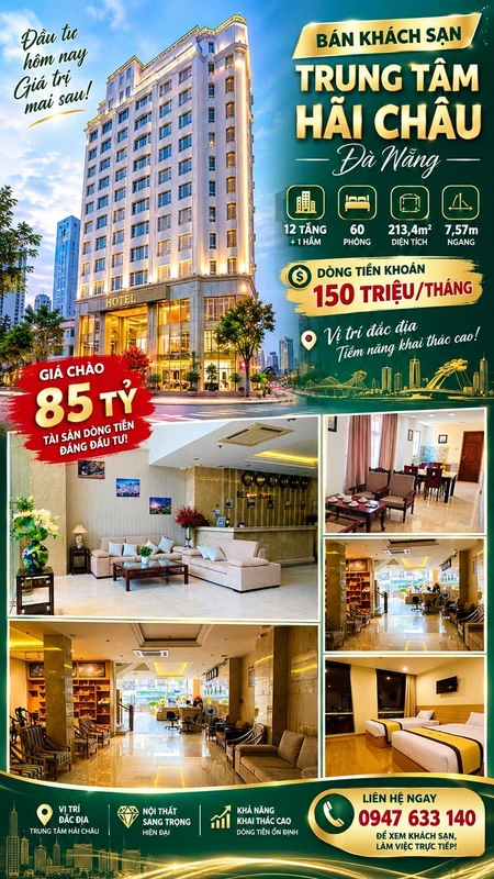 Bán khách sạn 12 tầng, 60 phòng Hải Châu Đà Nẵng, 85 tỷ