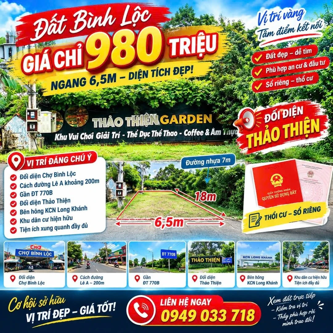 Bán đất Bình Lộc 117m² ngang 6,5m giá 980 triệu - Ảnh 1