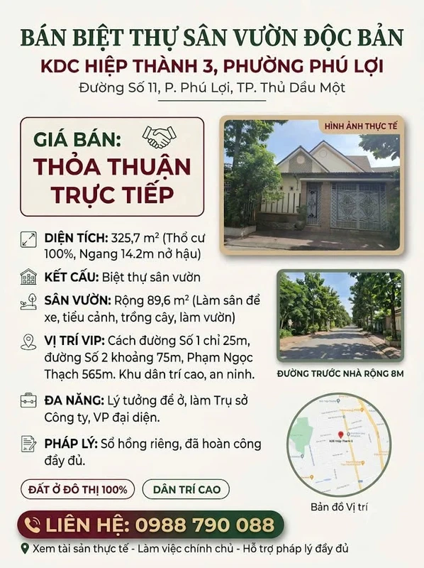 Bán biệt thự sân vườn KDC Hiệp Thành 3, 325.7m², 15.2 tỷ