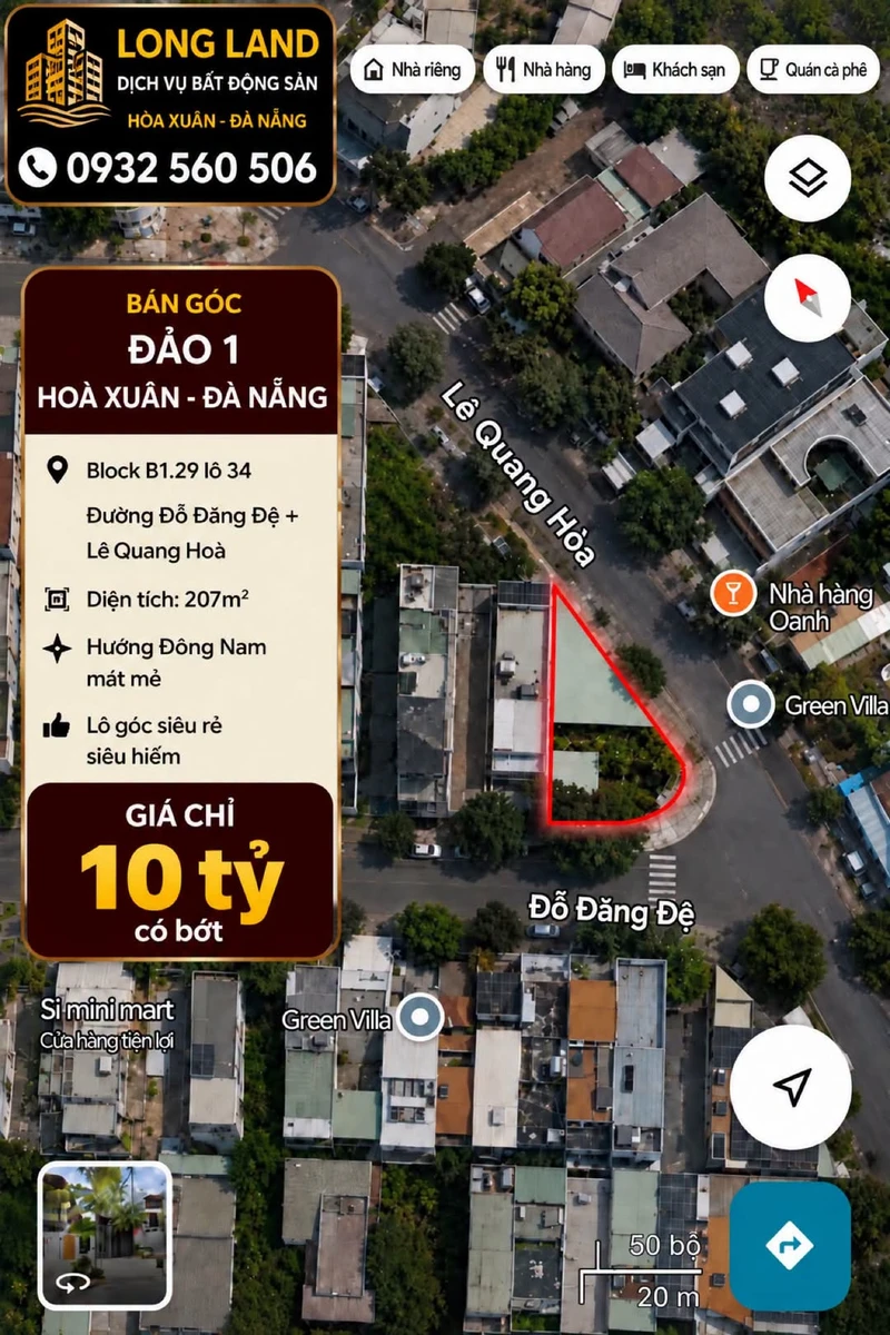 Bán lô đất góc Đảo 1 Hoà Xuân 207m² giá 10 tỷ - Ảnh 1