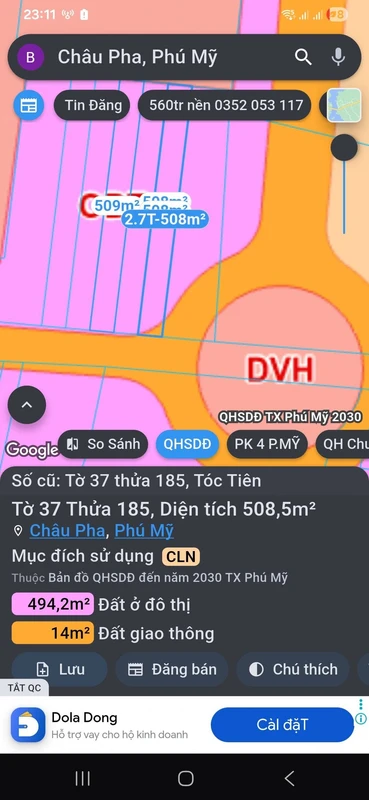Bán lô đất 509m² Tóc Tiên Phú Mỹ, giá 2 tỷ 3