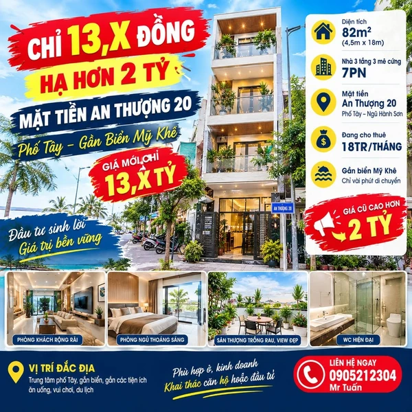 Bán nhà mặt tiền An Thượng 20 Đà Nẵng 82m2, 3 tầng 7PN, gần biển Mỹ Khê